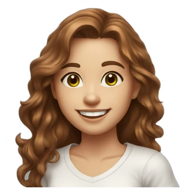 beautiful girl, white, with long wavy brown hair, brown green brown eyes, smiles at the camera and waves her hand, good teeth, white tshirt, blue jeans, sneakers, realistic drawing sticker