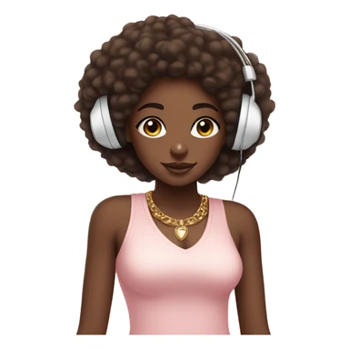 African girl. Afro. Wearing white headphones. Listening to music. Wearing a light pink v neck top. Gold Jewelry. Makeup. Blush. sticker