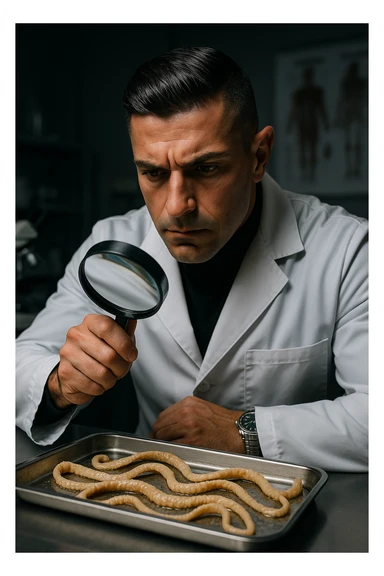 A middle-aged male kinesiologist wearing a pristine white lab coat, intensely analyzing long, beige tapeworms (like Taenia) under a magnifying glass. His expression is focused and slightly concerned, with dramatic studio lighting casting sharp shadows. The parasites are highly detailed, moist, and textured, stretched across a sterile metal tray. The background is blurred but suggests a clinical environment—hints of a microscope, medical charts, and clean lab equipment. The style is hyper-realistic, with a cinematic contrast between the bright white coat and the grotesque, organic forms of the parasites. No sci-fi elements, just raw medical realism with a disturbing edge sticker