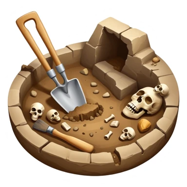An icon featuring an excavation site with a trowel and ancient artifacts, like pottery and bones, scattered around. The design includes a partially uncovered fossil and a digging brush, symbolizing the discovery of history through archaeology. Transparent background  sticker