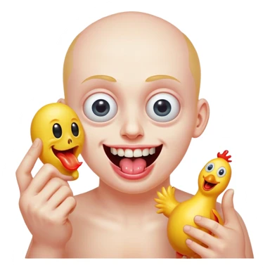 bulging eyes, unhinged grin with too many teeth, one eyeball twitching, tongue sticking out sideways, sweating, glitching slightly, throwing up a peace sign with one hand, other hand holding a cursed-looking rubber chicken sticker