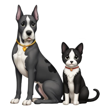 Adult Black and white great dane dog with cropped ears sitting with a small black and white cat sticker