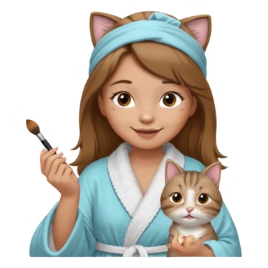 A image of a girl with light long brown hair wearing a bathrobe and headband doing her makeup with her chubby grey tabby cat. She is smiling sticker