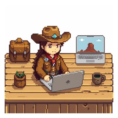 Frontier explorer with cowboy hat using a laptop on a wooden desk sticker