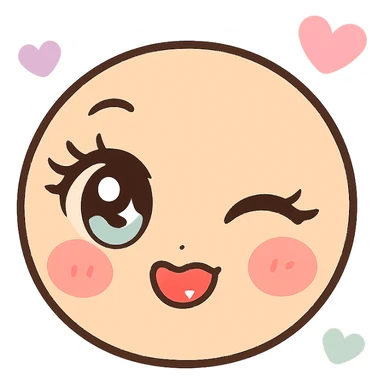 kawaii manga emoji with large sparkling eyes, long eyelashes, seductive wink, red cheeks, glossy lips, pastel accents, soft shading, HD, 512x512 pixels, transparent background, cute and sexy expression sticker