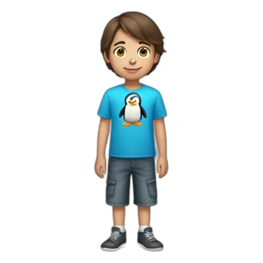 10 year old brown haired boy with penguin t-shirt sticker