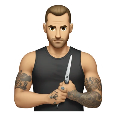 Caucasian barber with scissor, face, tattoo, and razor, sharp hairline with a ball fade sticker
