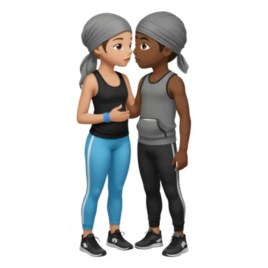 A girl with dark brown hair, light skin and blue wear black leggings and a black tank top kissing a boy with dark skin and a grey tracksuit wearing a du rag  sticker