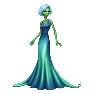 reptilian green alien woman, in long slim pastel blue formal party satin dress with gradient shiny sparkling navy blue diamonds embroidered, full body full figure sticker