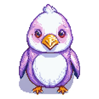 pixel art of a hybrid animal: chicken, pig, and penguin, featuring red teeth and a purple nose sticker