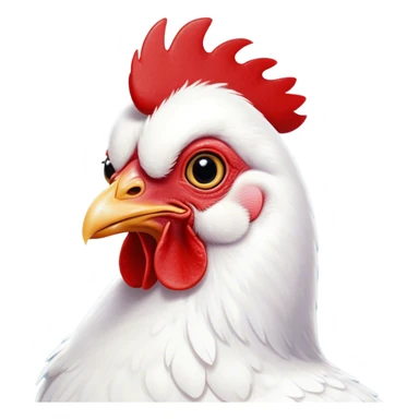 Cinematic Cute White Chicken Portrait Emoji, Head tilted playfully and inquisitively, featuring smooth, immaculate white feathers and a delicate red comb, round, sparkling beady eyes filled with curiosity, Simplified yet irresistibly adorable features, highly detailed, glowing with a warm, friendly glow, high shine, affectionate and lively, stylized with a touch of farmyard whimsy, bright and endearing, soft glowing outline, capturing the essence of a mischievous yet loving chicken, so playful it feels like it could peck out of the screen and into your arms! sticker