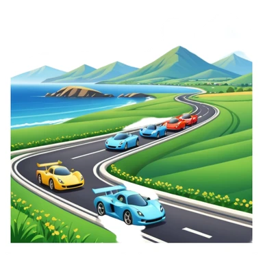 A busy coastal highway with cute fast-moving racing cars with active aero canards surrounded by green fields and distant mountains under a bright blue sky sticker