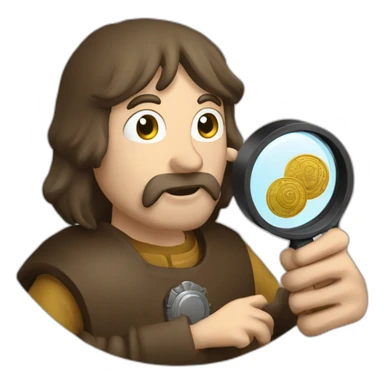 medieval coin collector, looking at a coin with a magnifying lense sticker