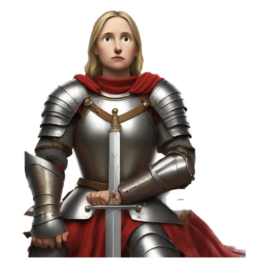 Joan of arc in medieval armor kneels, looking upward, with hands resting on a large sword. They're dressed in a red garment under the armor. sticker