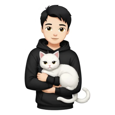 A bad boy with black hair wearing a sweatshirt happily hugs a white cat sticker