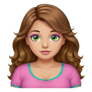 Girl girl long wavy brown hair, green/blue/gold eyes, plus size, pink girly top, eyelashes, tan skin sticker