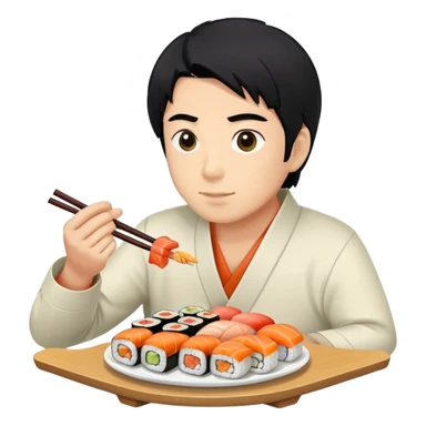 Man with black hair eating sushi sticker