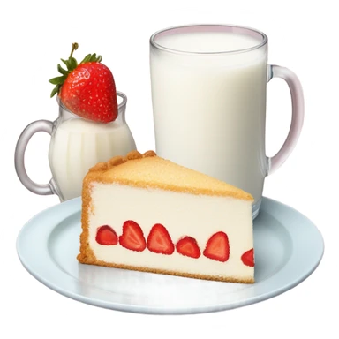 Milk at glass and vanilla strawberry cake at plate sticker