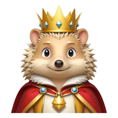 king hedgehog portrait, head and shoulders only, wearing a small golden crown, royal cape collar, proud confident expression, cute spiky fur details, fantasy royal vibe, 3D cartoon, mobile game icon style, clean background, no text, no watermark
 sticker