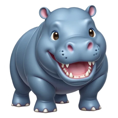 cinematic-hippo-realistic-full-body-side-view-standing-on-all-fours-emoji,-massive-round-frame,-wide-mouthed-grin-exposing-huge-teeth,-head-tilted-dramatically,-thick-greyish blue-hide-glossy, big cute eyes sticker