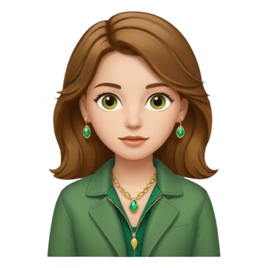 White girl with hazel Brown eyes Brown and slighly wavy medium hair. Make her with a green jacket and gold jewlery.  sticker
