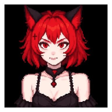 Change hair color to red, keep all other gothic neko girl features the same, in pixel art style. Maintain pixel art aesthetic and details. sticker