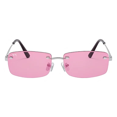 tiny Y2K pink rimless sunglasses, narrow rectangular lenses, minimalist 2000s style sticker
