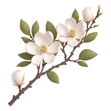 Traditional Japanese Magnolia kobus (kobushi) blossom with sumi-e brush stroke style, delicate white flowers on bare branch, zen aesthetic with subtle ink wash background sticker