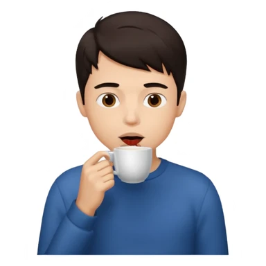 a boy drinking coffee , the cup is touching his mouth, sticker