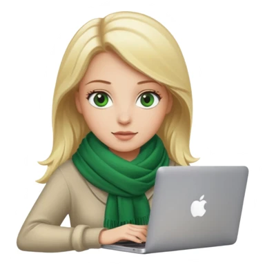 blond women skine , with green eyes and scarf . with macbook sticker