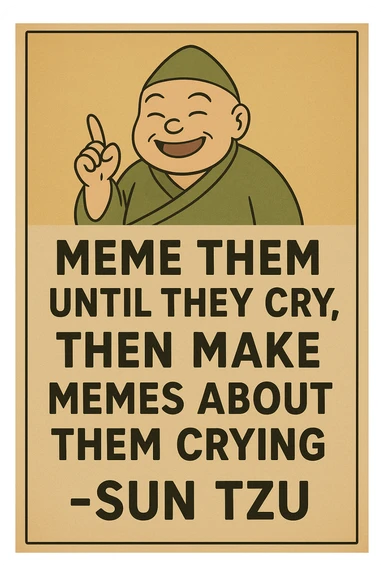 "Meme them until they cry, then make memes about them crying" -Sun Tzu 

as an inspirational poster, minimalism, semiotic signage, graphics for limited visibility signage sticker