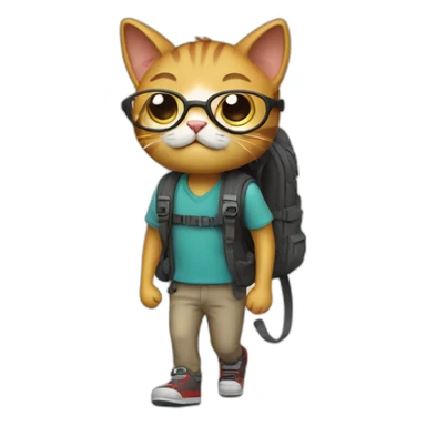 A cat walks along the road with a backpack wearing glasses and a crying sticker