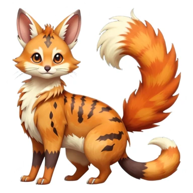 realistic  ember-rust copper fur molten with glowing magma seams and smoky tips beautiful elegant pretty precious cute  Fakémon-Pokémon-opossum-feline-serval-caracal-chinchilla-Furret-Minccino-hybrid-creature with a big fluffy bushy tail (full body) sticker