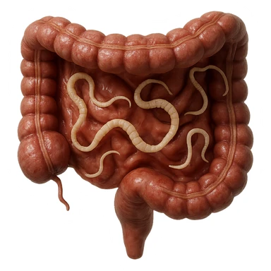 realistic 3D section of human intestine with moving tapeworm parasites, hyperrealistic details, wet texture, natural colors, 4K, isolated on white background sticker