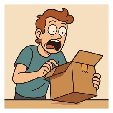 cartoon style shocked person opening a package, wide open eyes, colorful, dynamic pose sticker