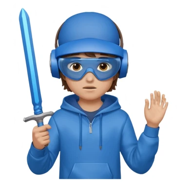 a boy with brown hair, a blue vr headset. a blue hoodie and a blue sword sticker