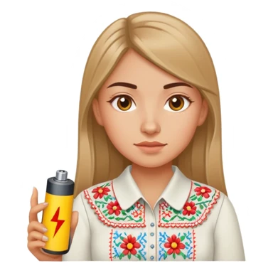 A Ukrainian girl in an embroidered shirt holds a battery sticker