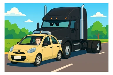 Remove the word 'move' from the car. Keep the scene bright and vibrant, featuring a black semi truck without a trailer and a person inside the car. Maintain the overall vibrant and bright atmosphere. sticker