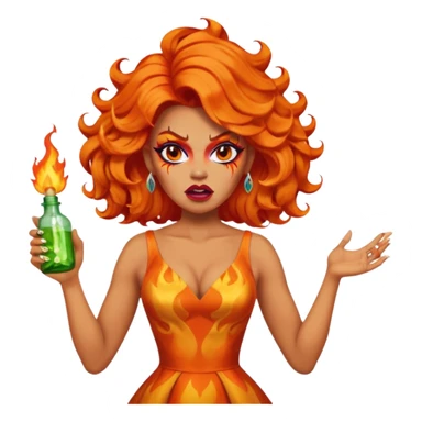 A fierce drag queen emoji with bright orange wavy hair styled with a bottle on top, dramatic makeup, expressive angry face, and an orange flame-themed dress. sticker
