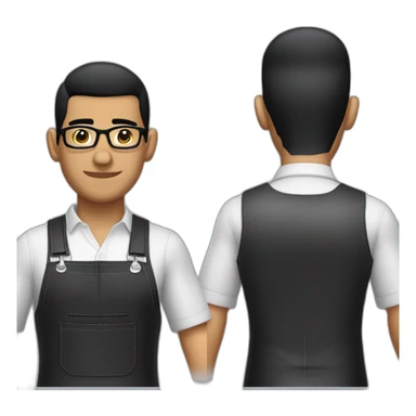 Barber guatemalan with fade buzz cut black hair, glasses, leather apron and large nose sticker