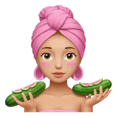 Girl with pink towel in hair cucumbers on eyes  spa sticker