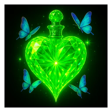 Transform the heart-shaped bottle into a vibrant neon green (salotine) color with lots of glowing and sparkling effects. Keep the crystal texture and butterflies intact, but make the overall look very flashy and full of effects, emphasizing brightness and sparkle in a vivid neon green style. sticker