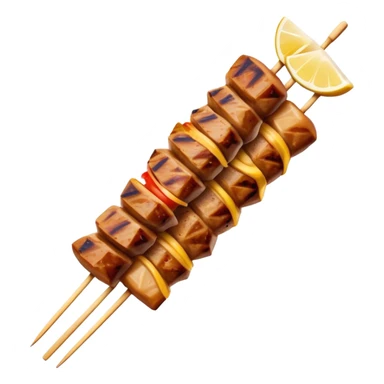 Cinematic Realistic Souvlaki Dish Emoji, showcasing skewered, grilled meat with Mediterranean spices rendered with dynamic textures and warm, appetizing lighting. sticker