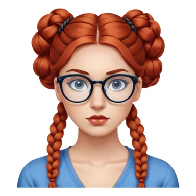 Nữ 25 tuổi, da trắng, tóc dài xoăn nhẹ màu đỏ, tết búi 2 bên, gọng kính màu đen, mắt kính màu xanh dương , trong suốt nhìn thấy mắt, mặt nghiêm túc, lông mi dài, trang điểm khá đậm sticker