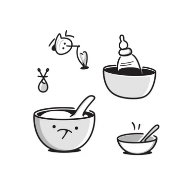 a baby feeding set including a baby bottle, pacifier, bowl with spoon, and bib, in pastel colors dd9fb0, ffc6d3, a3bfc9, c4bee2, f1b091, detailed hand-drawn doodle style sticker