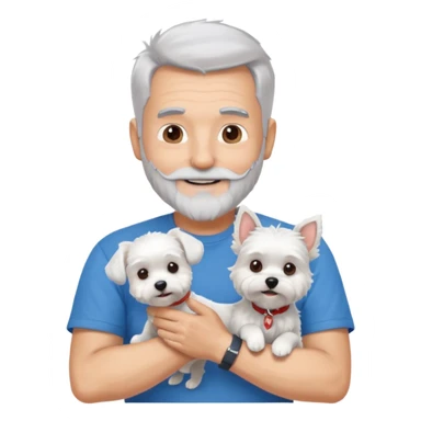 handsome gentleman, 60 years old, spiky crew cut silver hair, full beard, wearing a blue t-shirt, smiling and holding a maltese dog sticker