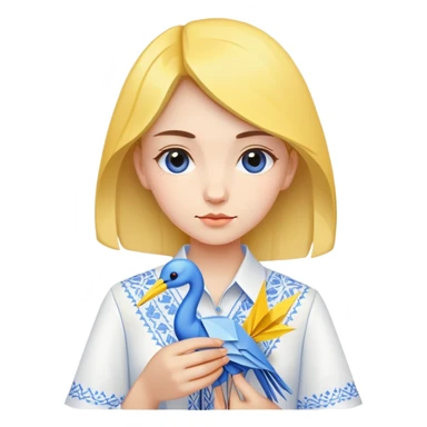 A Ukrainian young girl wearing a white embroidered shirt holds an origami yellow-blue crane sticker