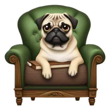 Pug on an english chair with a pipe and a book in his hand sticker