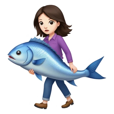 Annoyed Brunette Woman walking with huge fish sticker