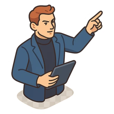 Bold and charismatic male leader, Caucasian, short auburn hair, sharp eyes, wearing indigo coat over black turtleneck, one arm raised giving direction, holding a tablet, waist-up sticker